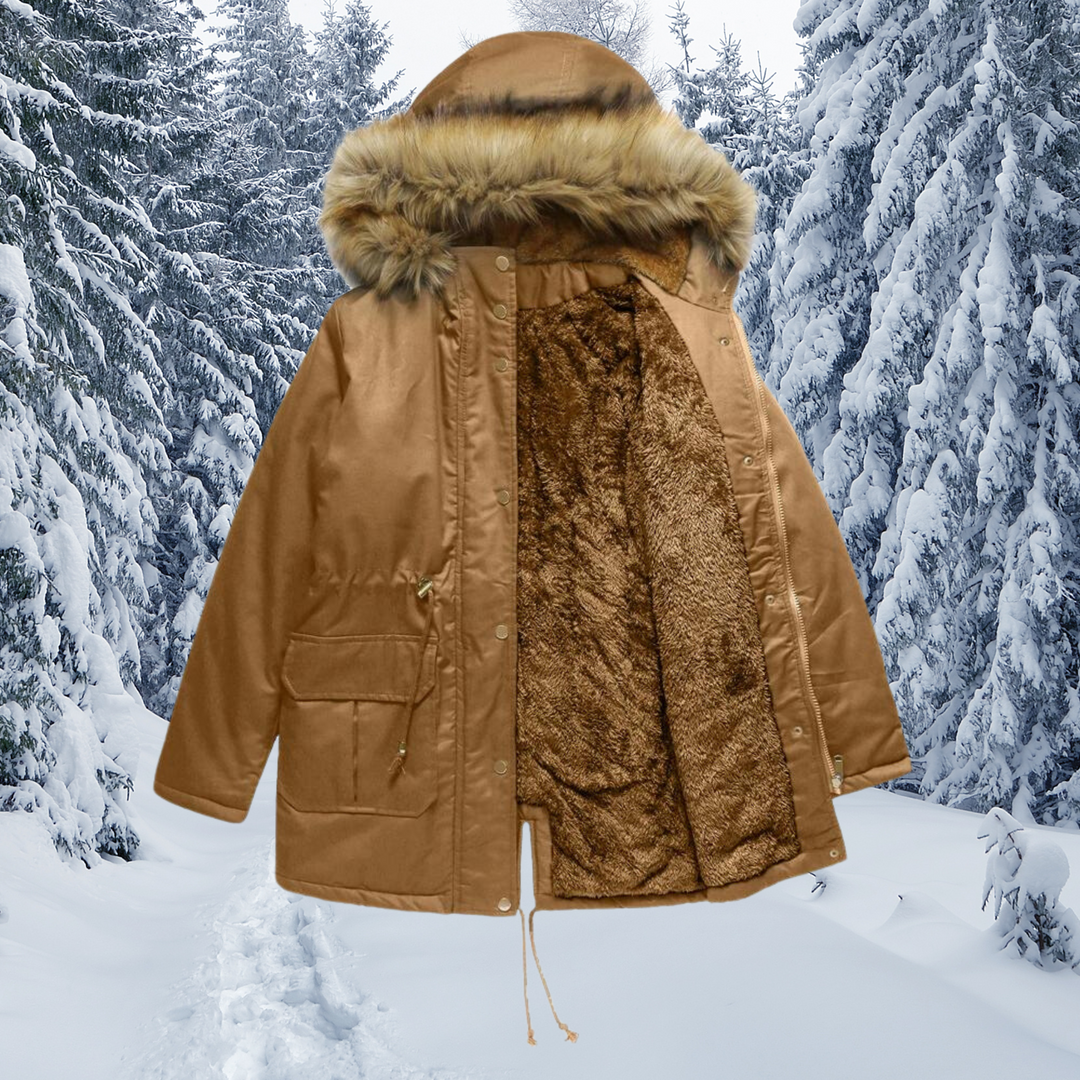 Camelfarbener Parka mit Kapuze, Kunstfellbesatz und flauschigem Fellfutter