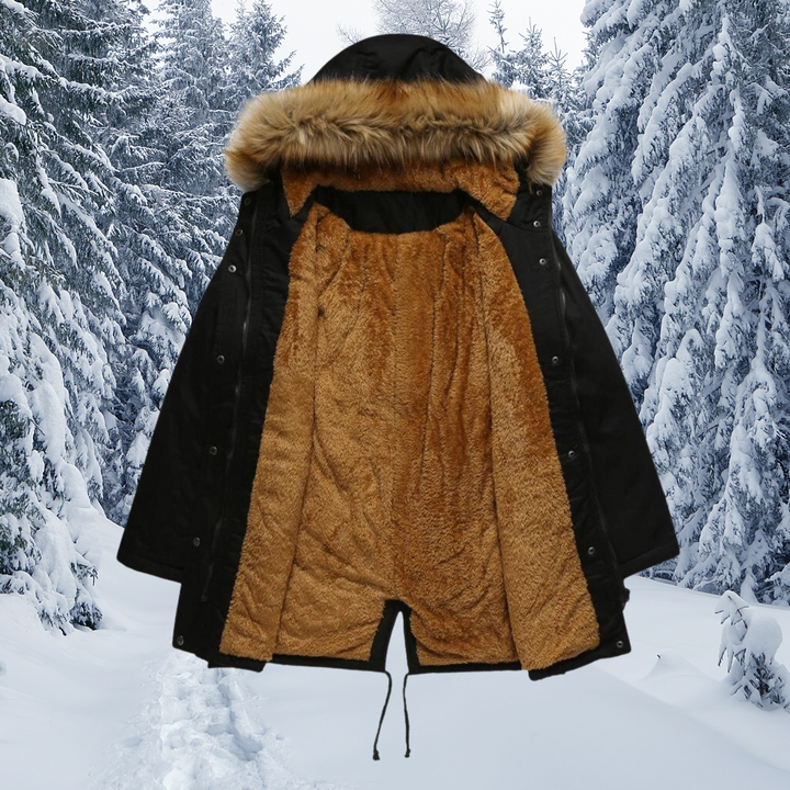 Schwarzer Winterparka mit Kapuze, Fellkragen und braunem Plüschfutter