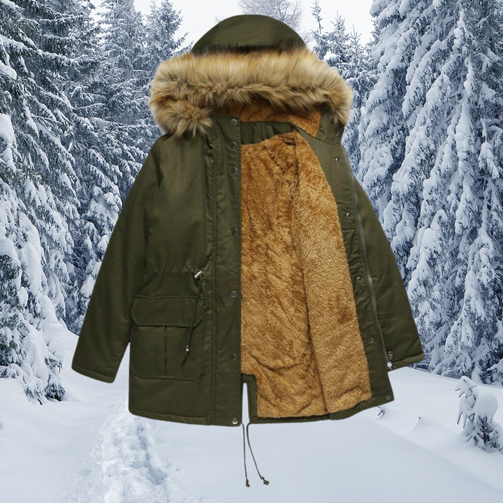 Olivgrüner Parka mit Kapuze, Fellbesatz und warmem Fellfutter innen