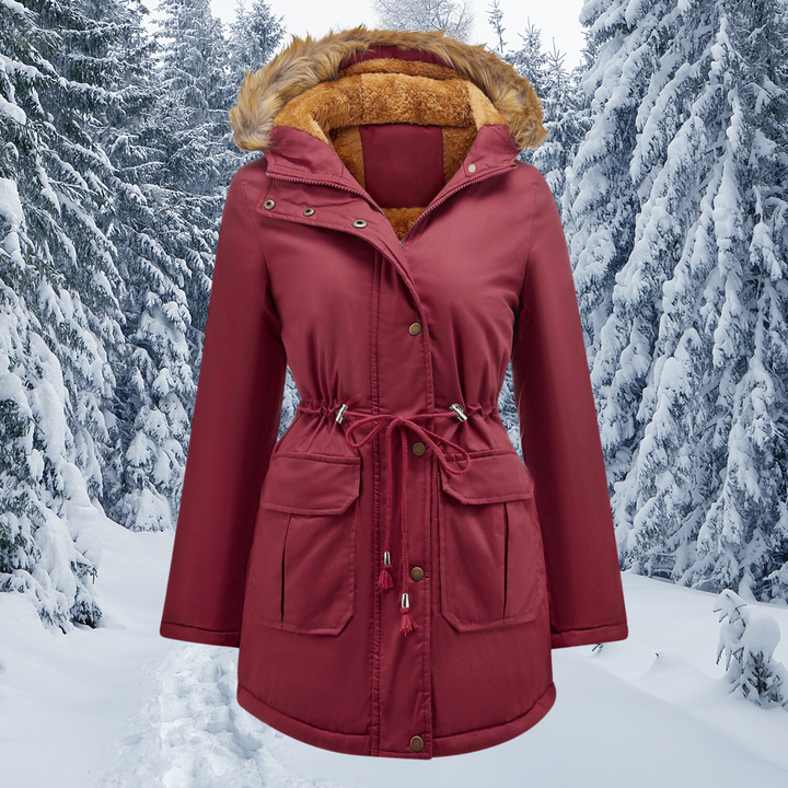 Weinroter Damenparka mit Kapuze, Fellkragen und Kordelzug in der Taille