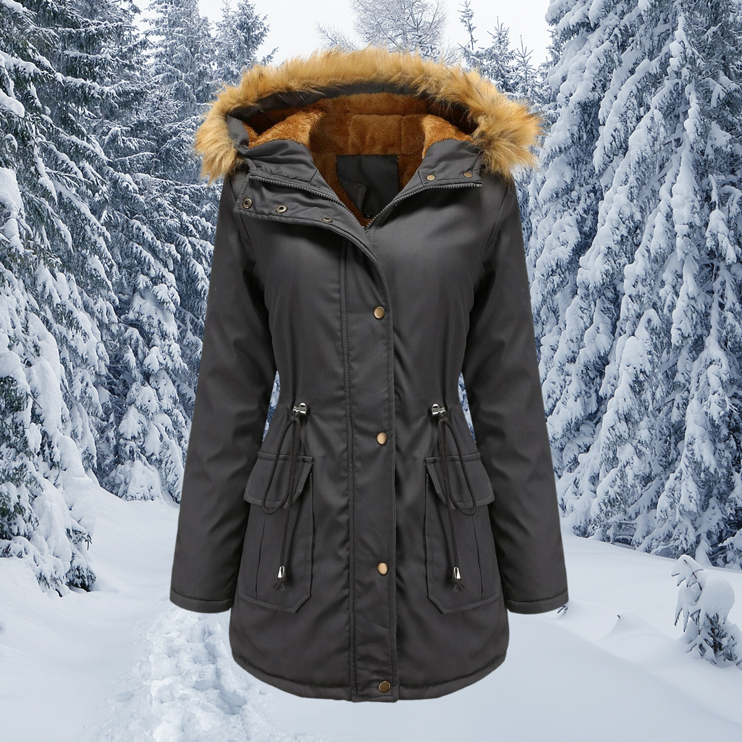 Anthrazitfarbene Winterjacke mit Kapuze, Fellkragen und kuscheligem Innenfutter