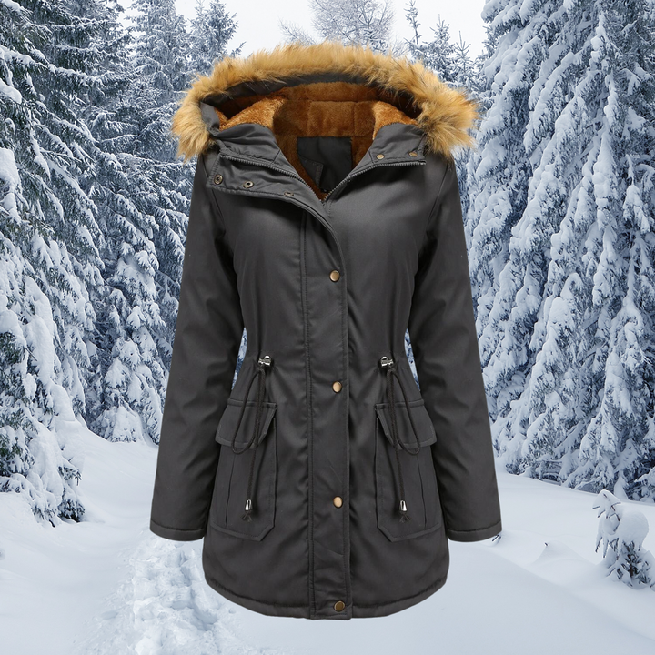 Anthrazitfarbene Winterjacke mit Kapuze, Fellkragen und kuscheligem Innenfutter