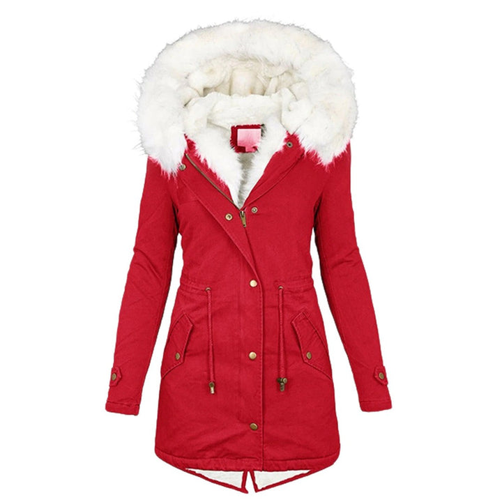 Rote Winterjacke mit Kunstfellkapuze und Kordelzug in der Taille