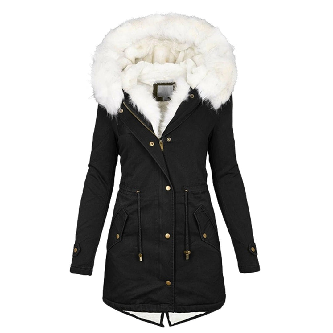 Schwarze Parka-Jacke mit weißem Fellkragen und Kapuze