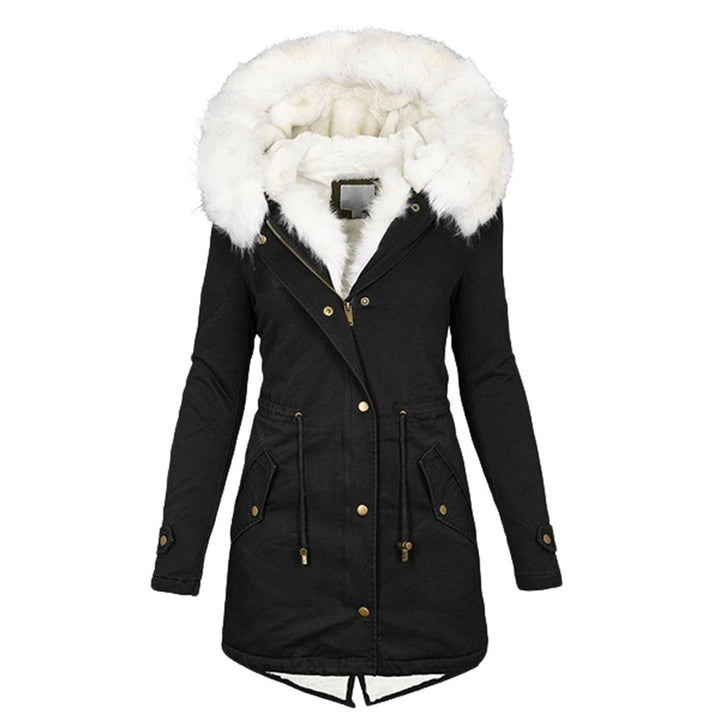 Schwarze Parka-Jacke mit weißem Fellkragen und Kapuze