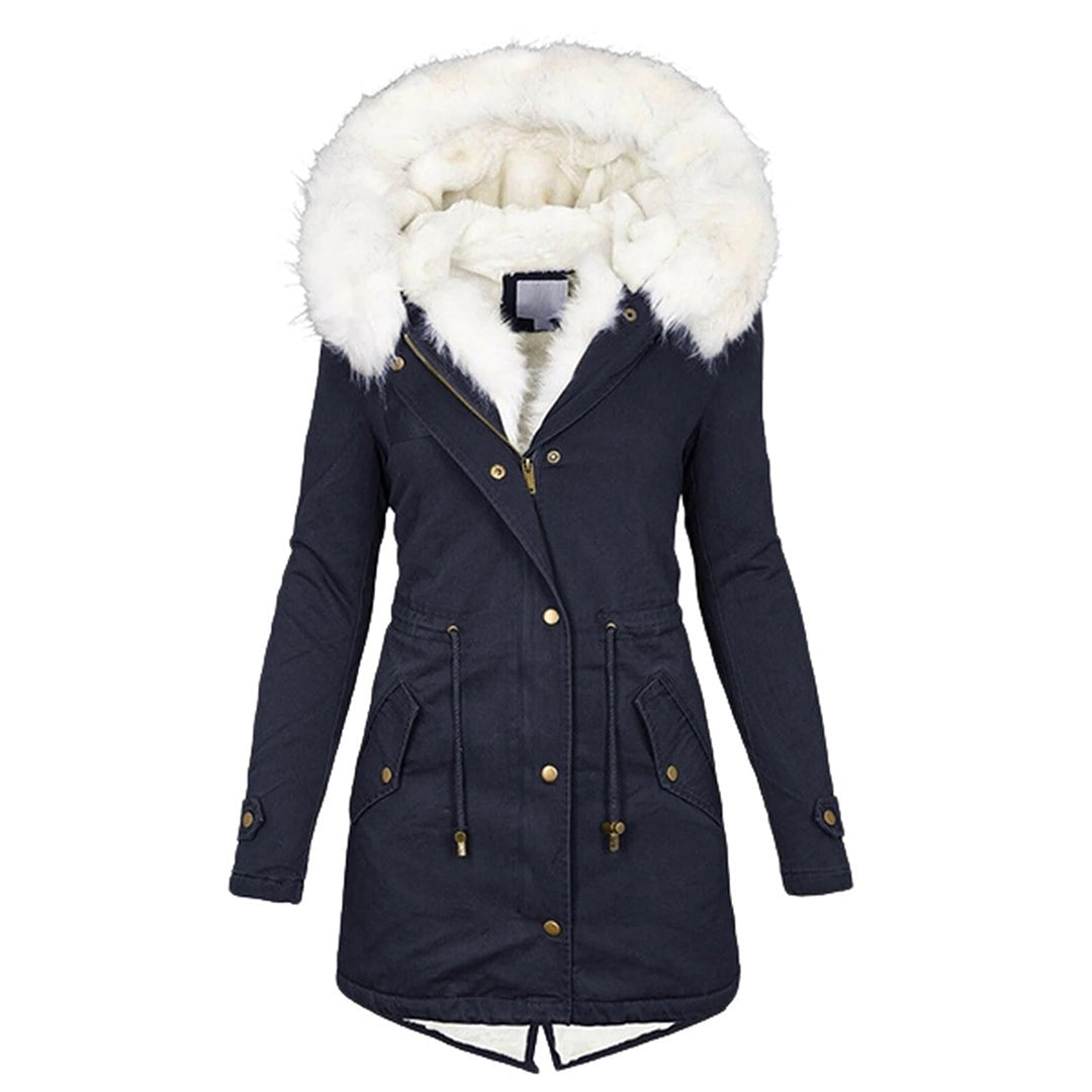 Dunkelblaue Winterjacke mit weißem Fellbesatz und Taschen