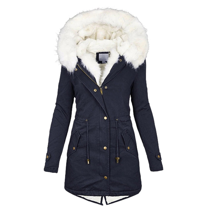 Dunkelblaue Winterjacke mit weißem Fellbesatz und Taschen