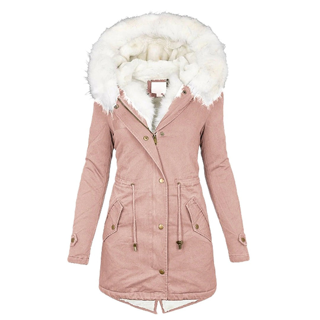 Rosa Winterjacke mit Kunstfellkapuze und Zugbändern