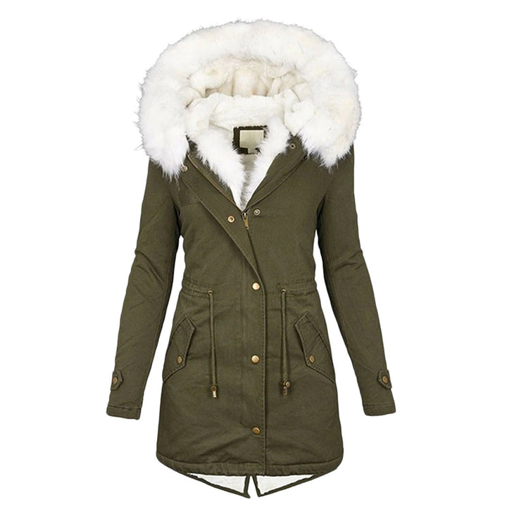 Olivgrüne Parka-Jacke mit weißem Fellkragen und Kapuze