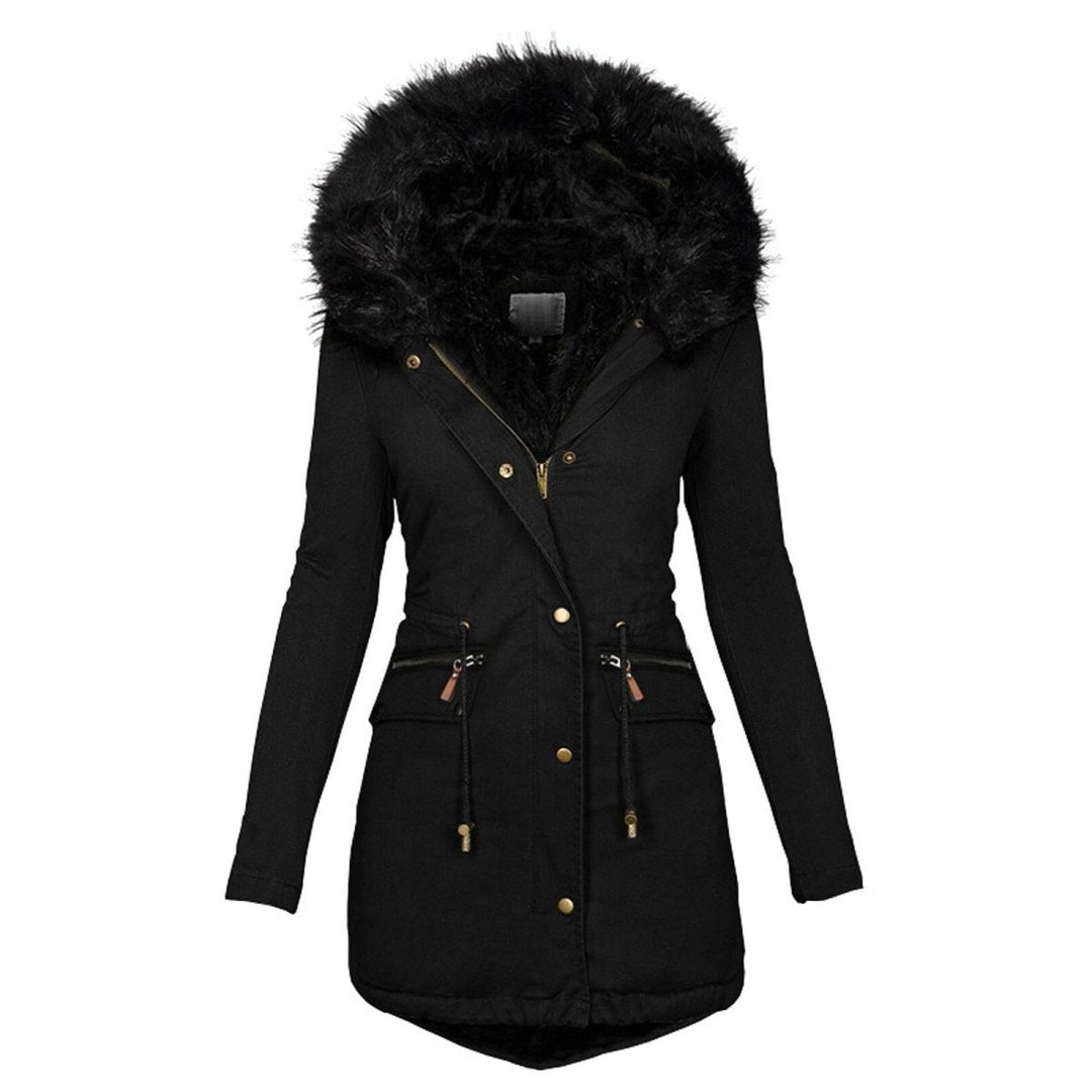 Schwarze Parka-Jacke mit Kunstfellkapuze und Zierreißverschlüssen