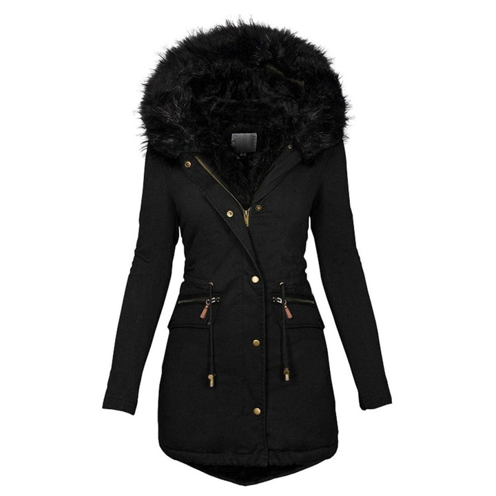 Schwarze Parka-Jacke mit Kunstfellkapuze und Zierreißverschlüssen