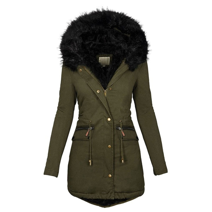 Olivgrüne Winterjacke mit schwarzem Fellkragen und Druckknopfleiste