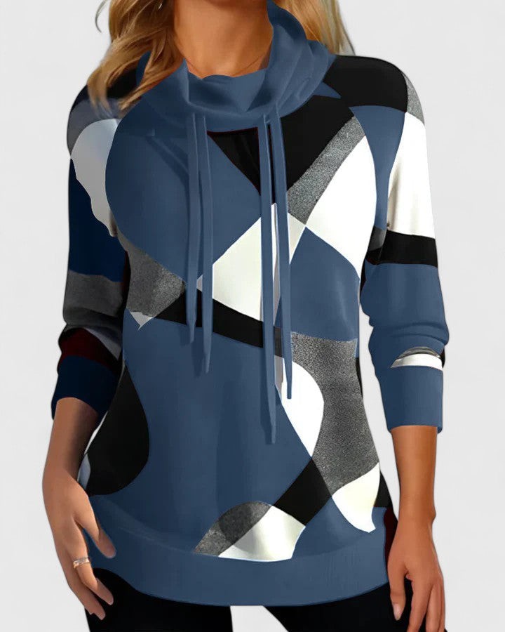 Sweatshirt mit Schalkragen in Blau mit geometrischem Colour-Block-Muster