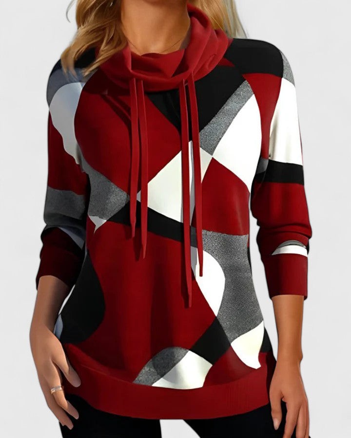 Langarm-Pullover in Rot mit geometrischem Colour-Block-Design und Bindeschal