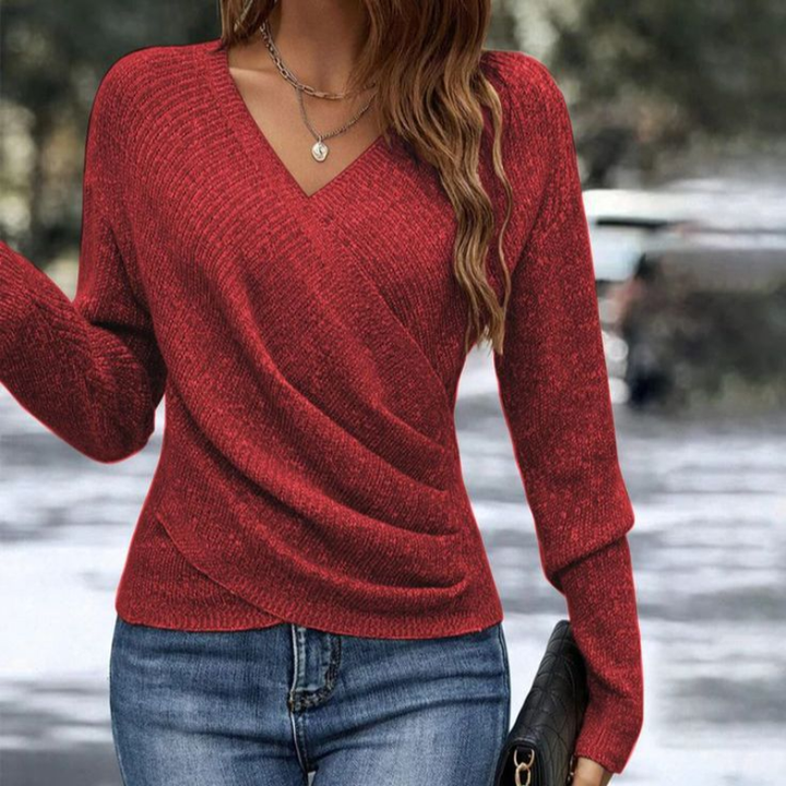 Roter Feinstrick-Pullover mit V-Ausschnitt und asymmetrischem Wickeleffekt