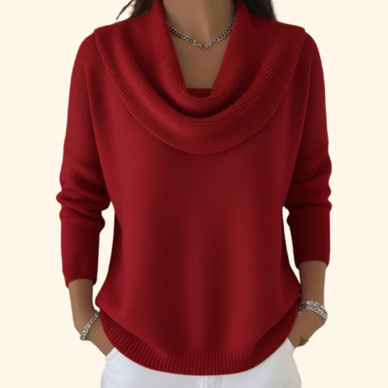 Roter Strickpullover mit Wasserfall-Kragen und langen Ärmeln
