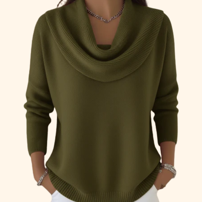 Olivgrüner Strickpullover mit Wasserfall-Kragen und lockerer Passform