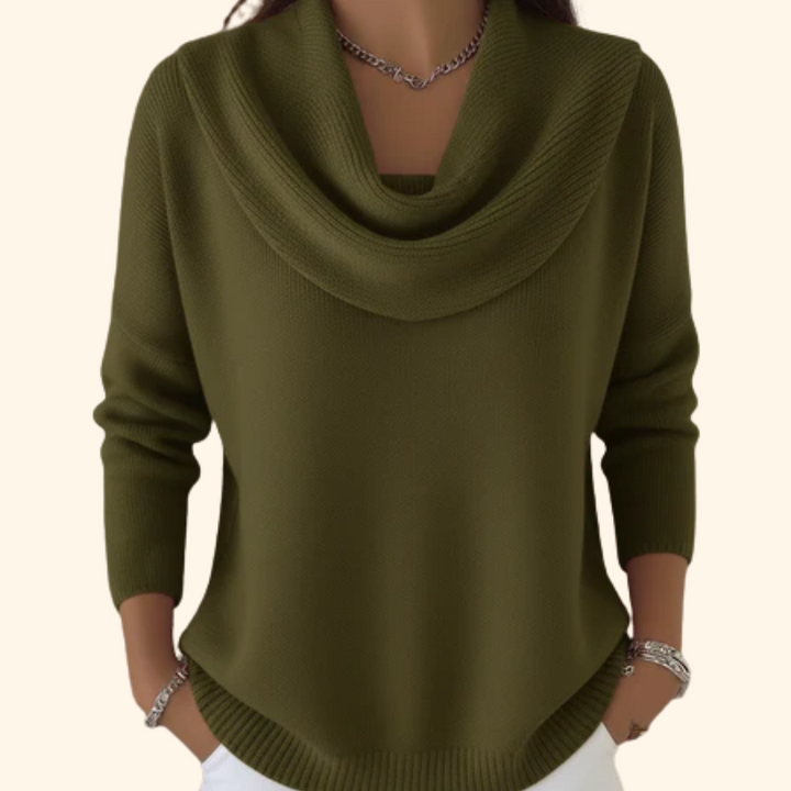 Olivgrüner Strickpullover mit Wasserfall-Kragen und lockerer Passform