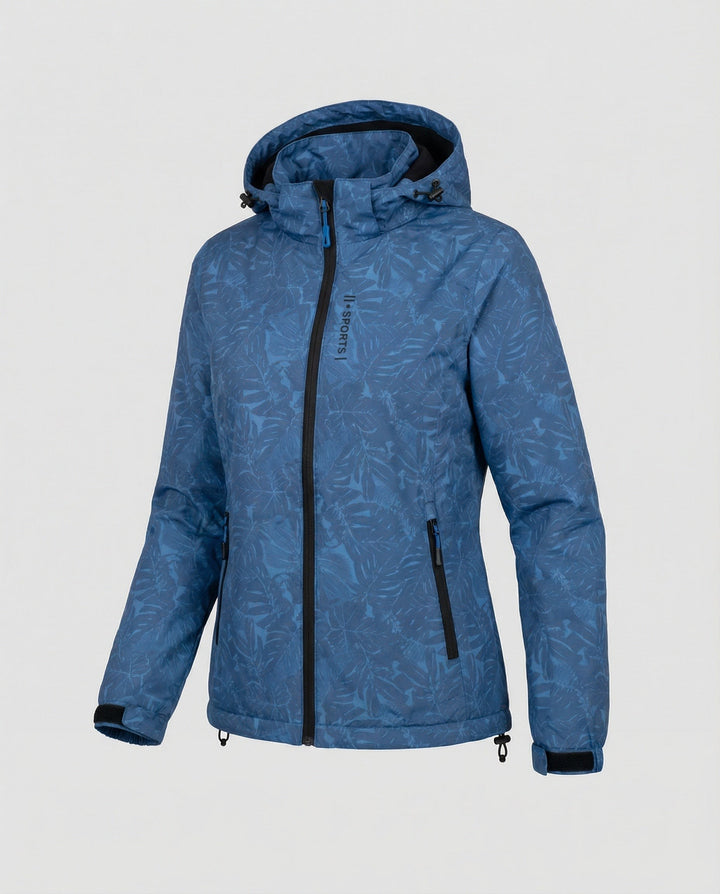 Blaue Outdoorjacke mit Kapuze und tropischem Blattmuster, Reißverschlusstaschen