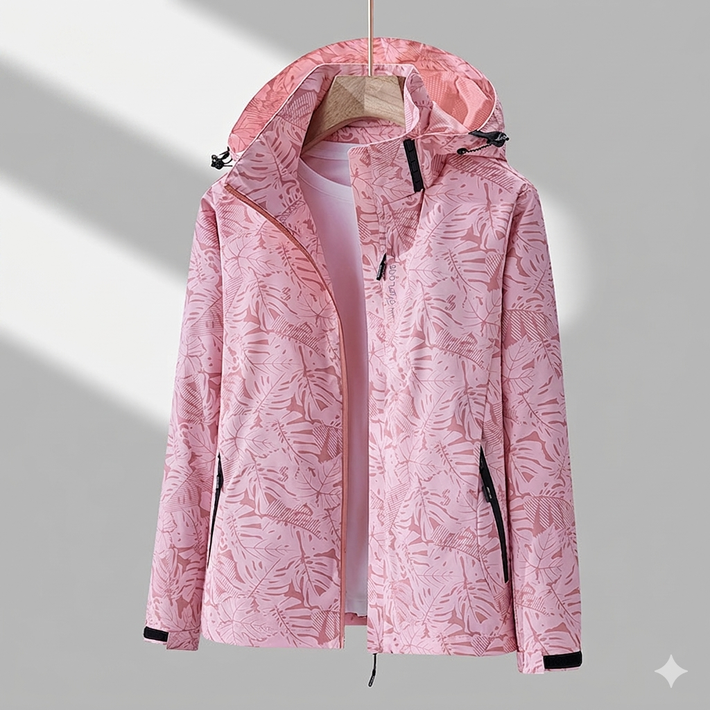 Rosa Kapuzenjacke mit floralem Blattmuster, leicht und atmungsaktiv
