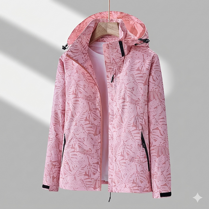Rosa Kapuzenjacke mit floralem Blattmuster, leicht und atmungsaktiv