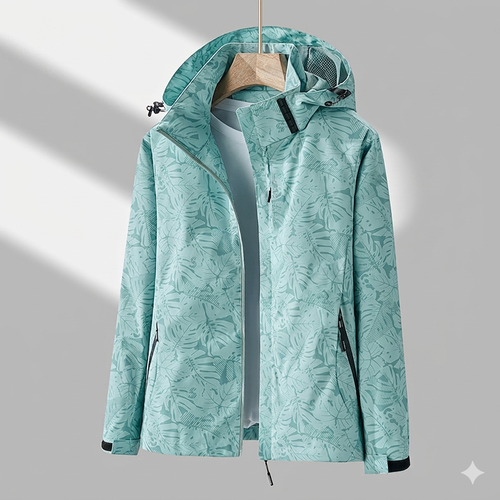 Mintgrüne Kapuzenjacke mit Blattmuster und Reißverschlusstaschen