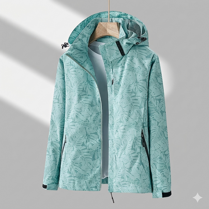 Mintgrüne Kapuzenjacke mit Blattmuster und Reißverschlusstaschen
