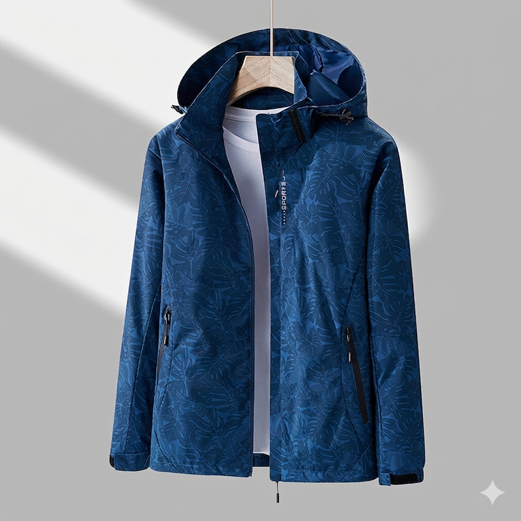 Dunkelblaue Kapuzenjacke mit Blattmuster, Reißverschluss und Bündchen