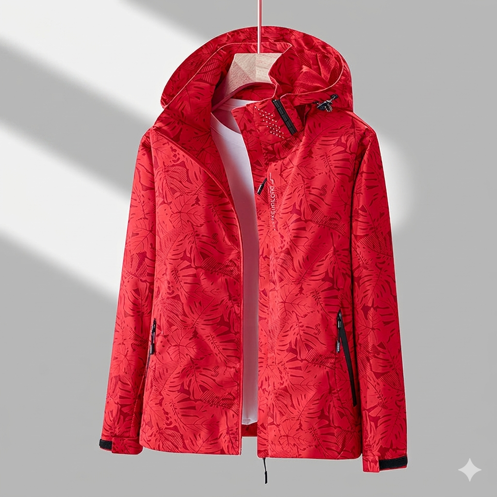 Rote Kapuzenjacke mit Blattmuster, wasserabweisendes Outdoor-Design