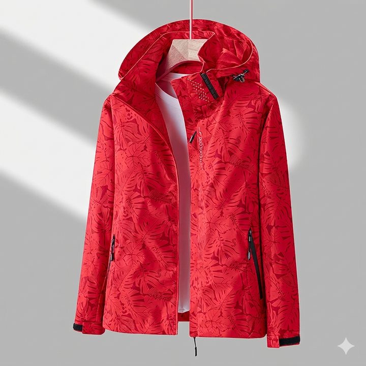 Rote Kapuzenjacke mit Blattmuster, wasserabweisendes Outdoor-Design