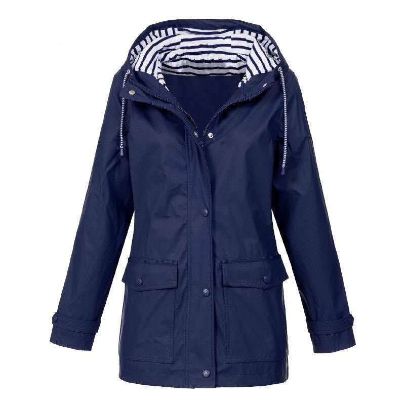 Dunkelblaue wasserdichte Jacke mit Kapuze und Taschen