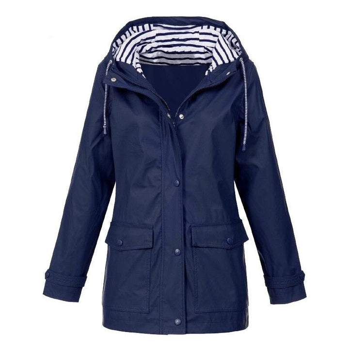 Dunkelblaue wasserdichte Jacke mit Kapuze und Taschen