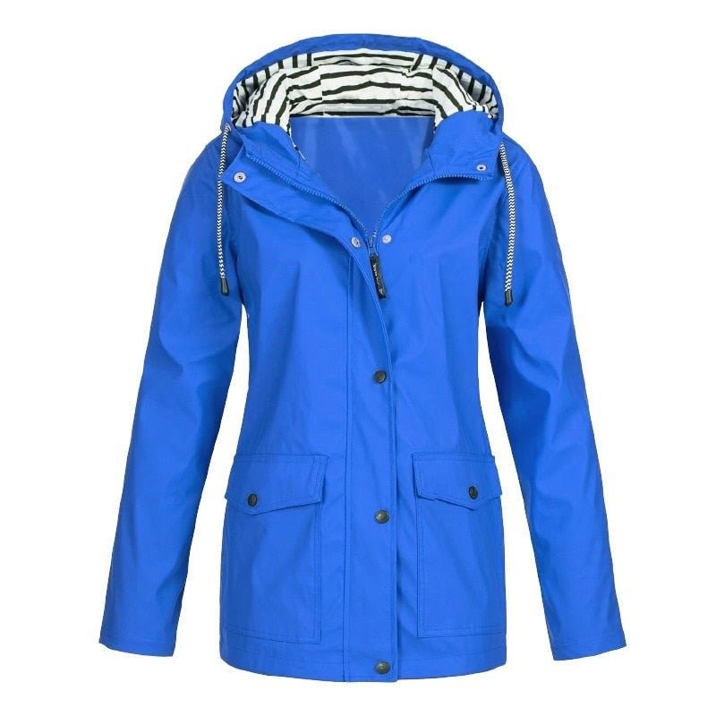 Blaue wasserdichte Outdoorjacke mit Kapuze und Kordelzug
