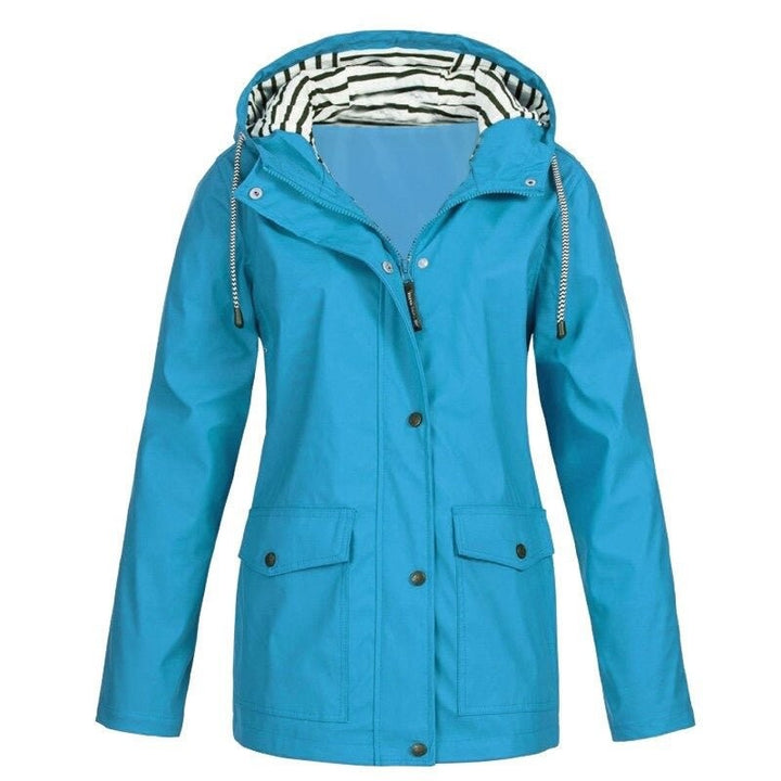 Türkisfarbene Wanderjacke mit Kapuze und Streifenfutter