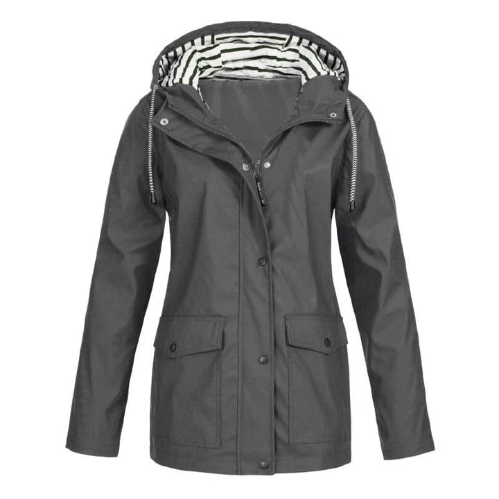 Graue Outdoor-Regenjacke mit Kapuze und Druckknöpfen