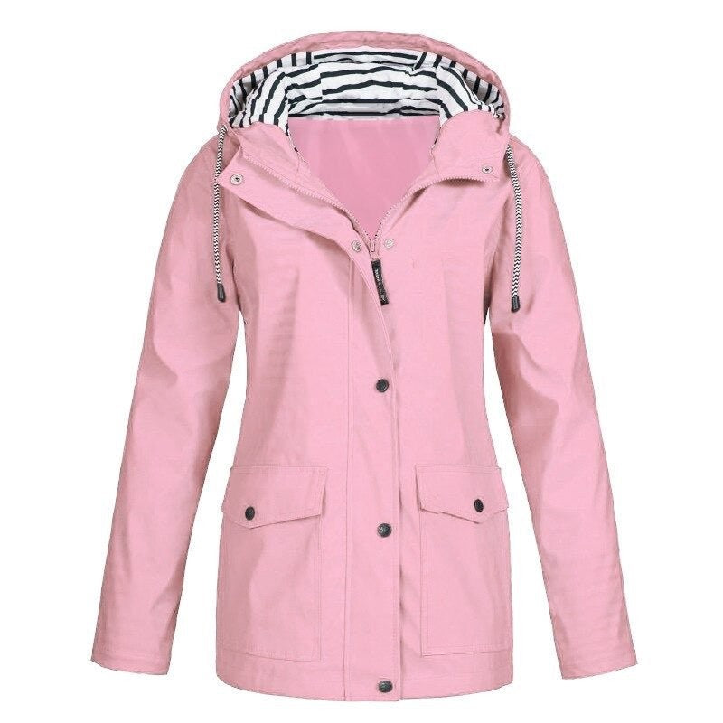 Rosa Regenjacke mit Kapuze und gestreiftem Futter