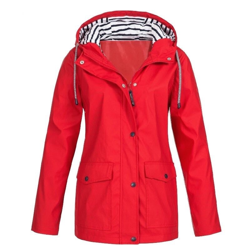 Rote wasserdichte Outdoorjacke mit Kapuze und Frontverschluss