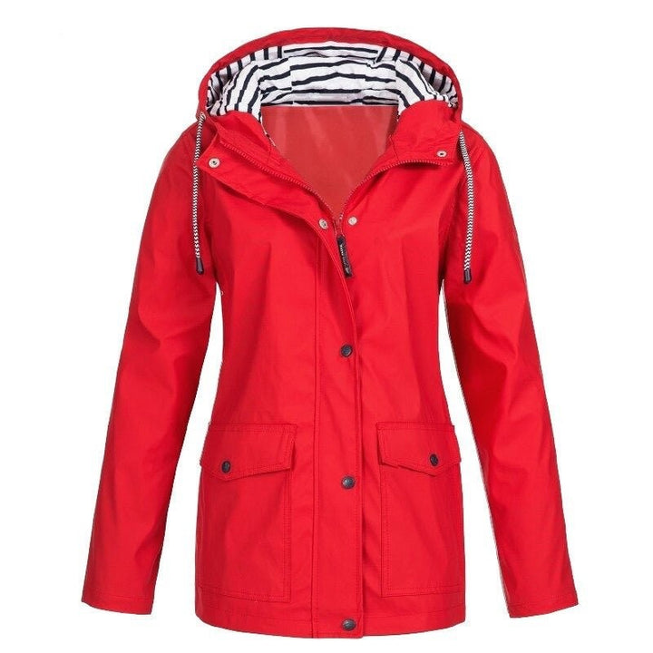 Rote wasserdichte Outdoorjacke mit Kapuze und Frontverschluss