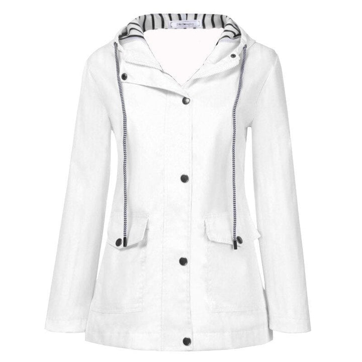 Weiße Regenjacke mit Kapuze und Streifenfutter