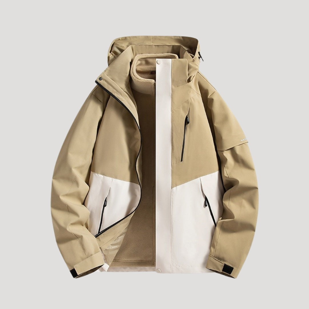 Beige-weiße Funktionsjacke mit Kapuze und Reißverschlusstaschen
