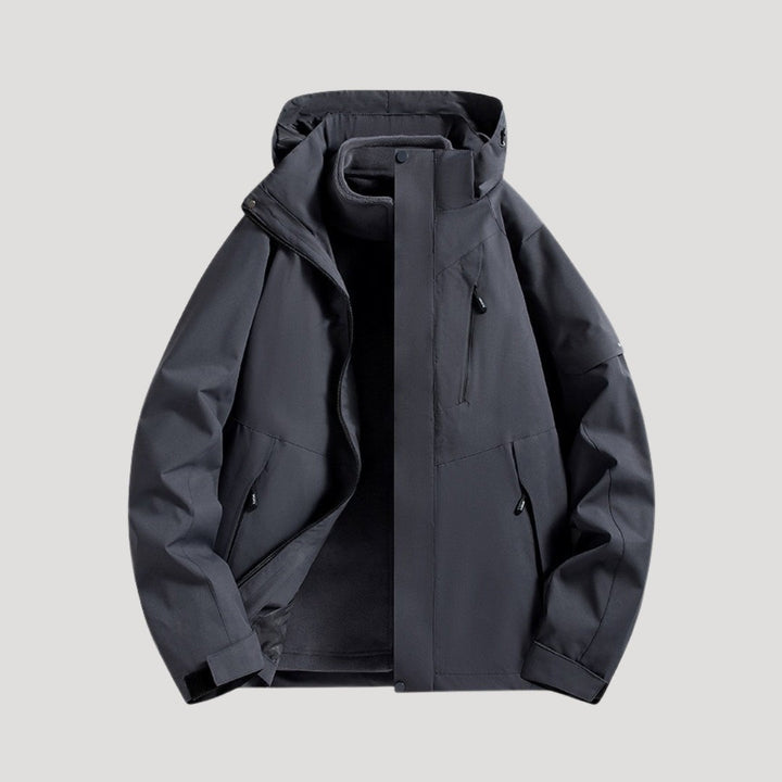 Anthrazitfarbene Windjacke mit Kapuze und gefüttertem Innenfutter