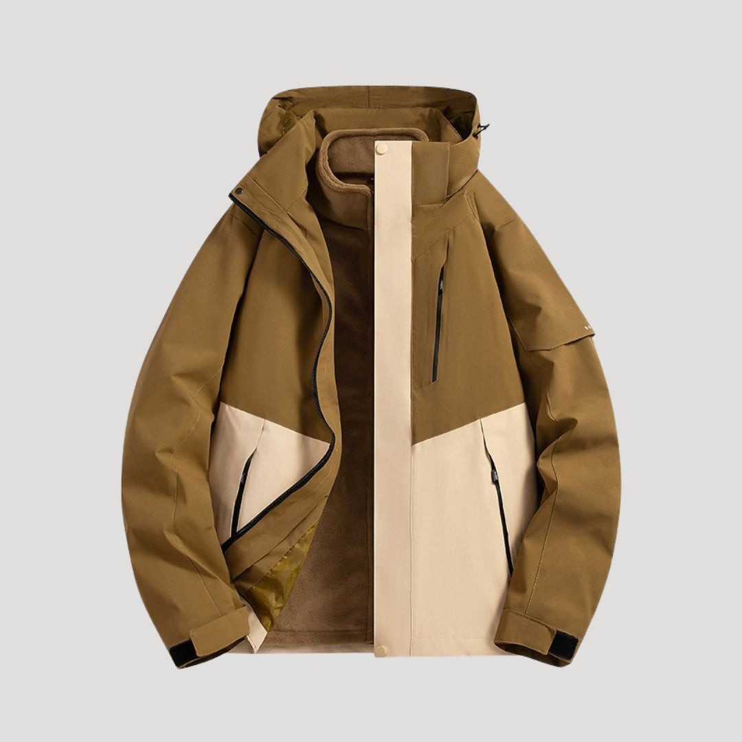 Khakifarbene Colorblock-Jacke mit Kapuze und Beige-Details