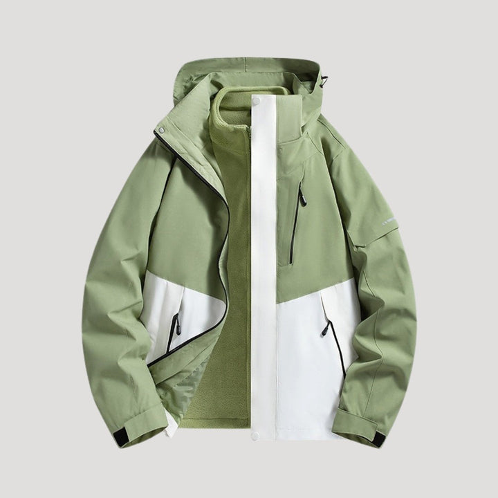 Grün-weiße Outdoorjacke mit Kapuze und Fleece-Innenfutter