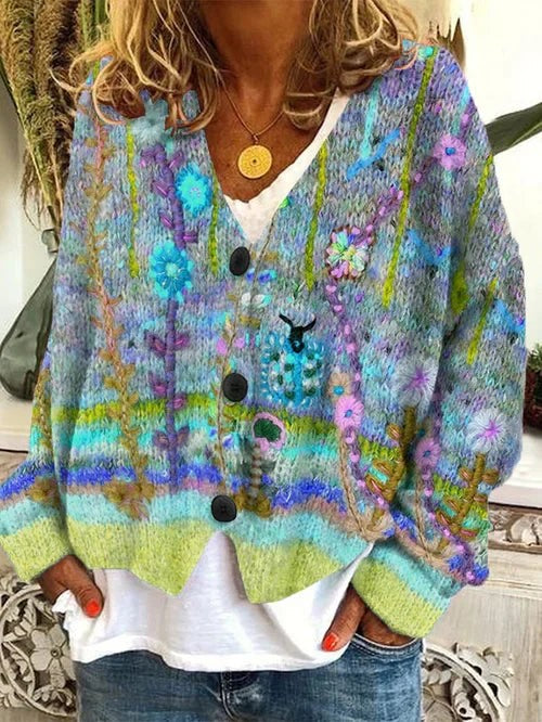 Cardigan blau-grün mit floraler Stickerei und Knopfleiste