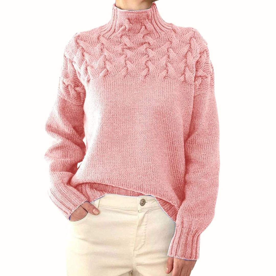 Rosafarbener Pullover mit Stehkragen und weichem Strickmaterial