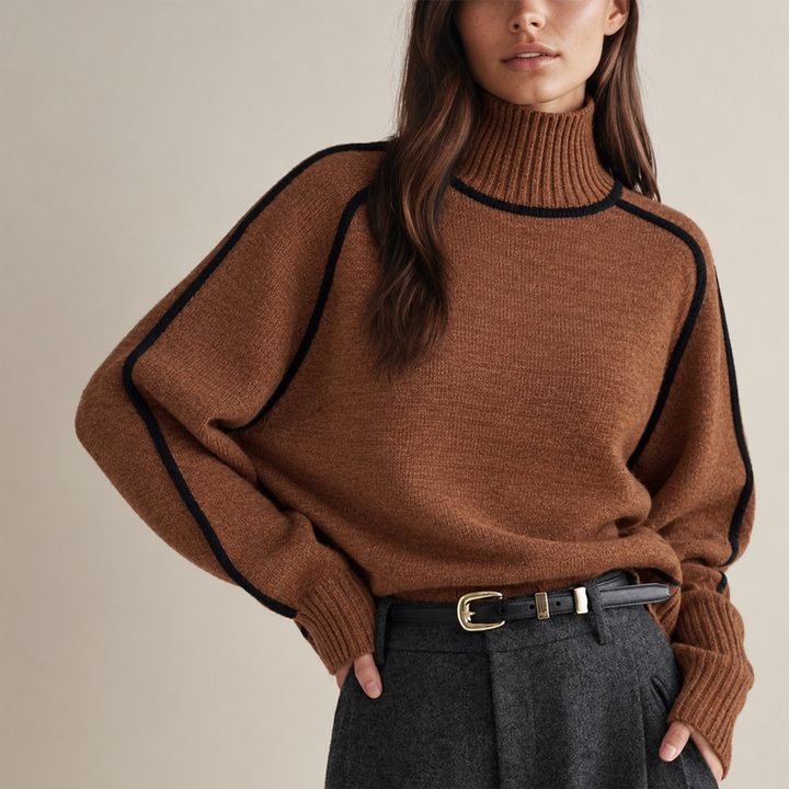 Karamellbrauner Rollkragenpullover mit schwarzen Kontraststreifen und weitem Schnitt