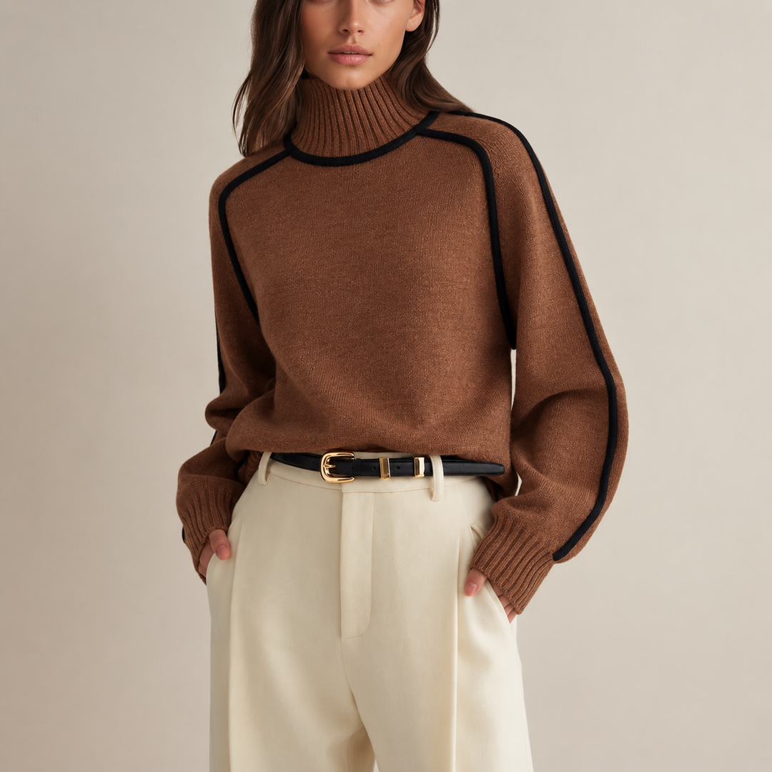 Brauner Rollkragenpullover kombiniert mit cremefarbener Stoffhose und Ledergürtel
