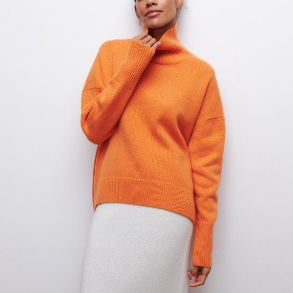 Oranger Rollkragenpullover, gestrickte Oversized-Form mit Rippbündchen