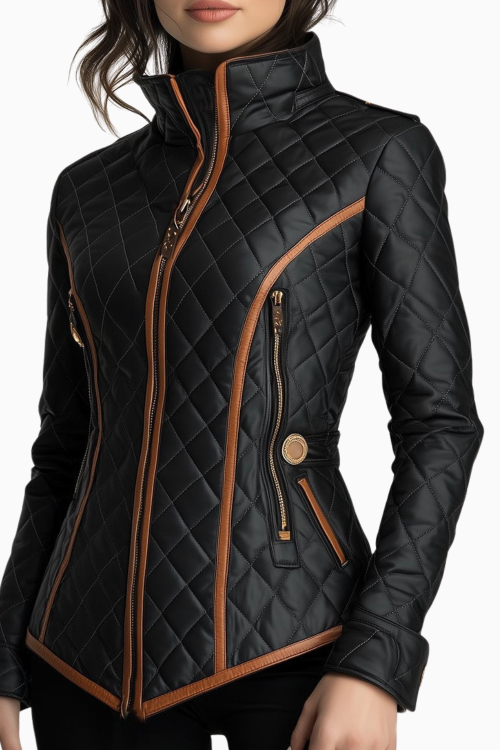 Schwarze diamantgesteppte Jacke mit cognacfarbenen Lederbesätzen und Stehkragen