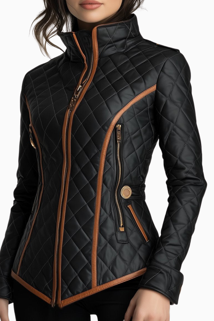 Schwarze diamantgesteppte Jacke mit cognacfarbenen Lederbesätzen und Stehkragen
